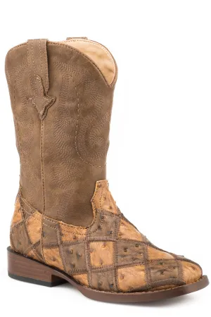 Boy's Roper Tan & Brown Patchwork Ostrich Boot