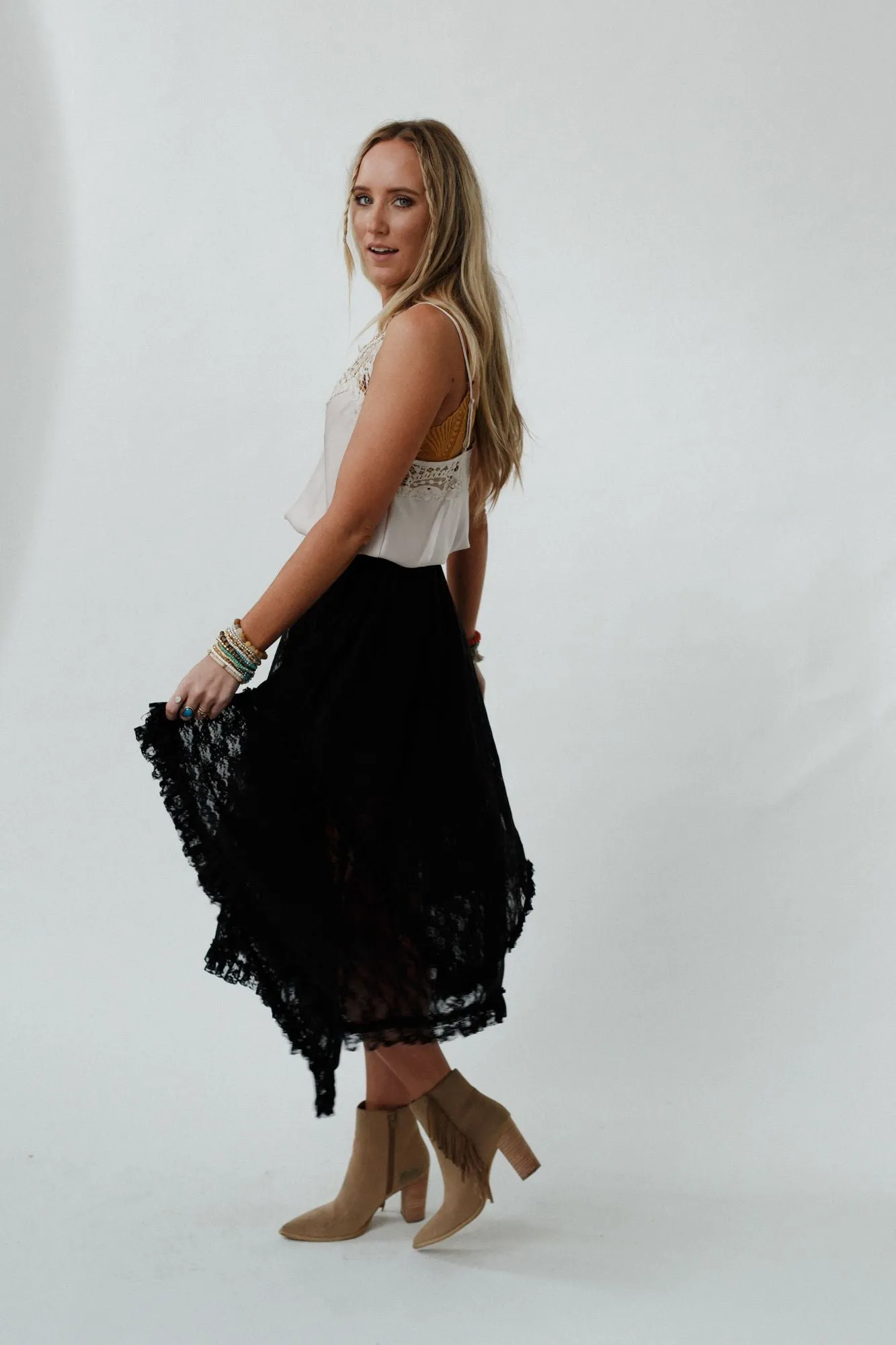 Meadow Daydreams Floral Lace Skirt - Black