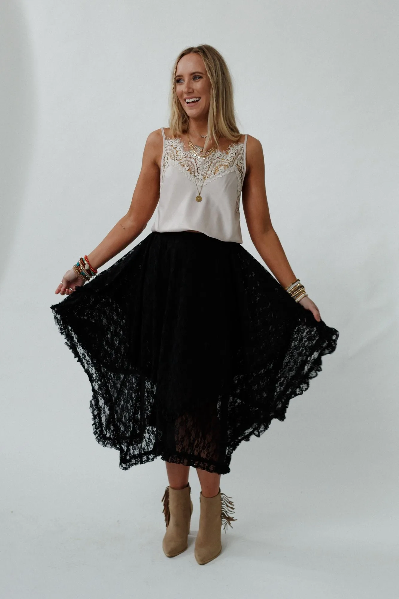 Meadow Daydreams Floral Lace Skirt - Black