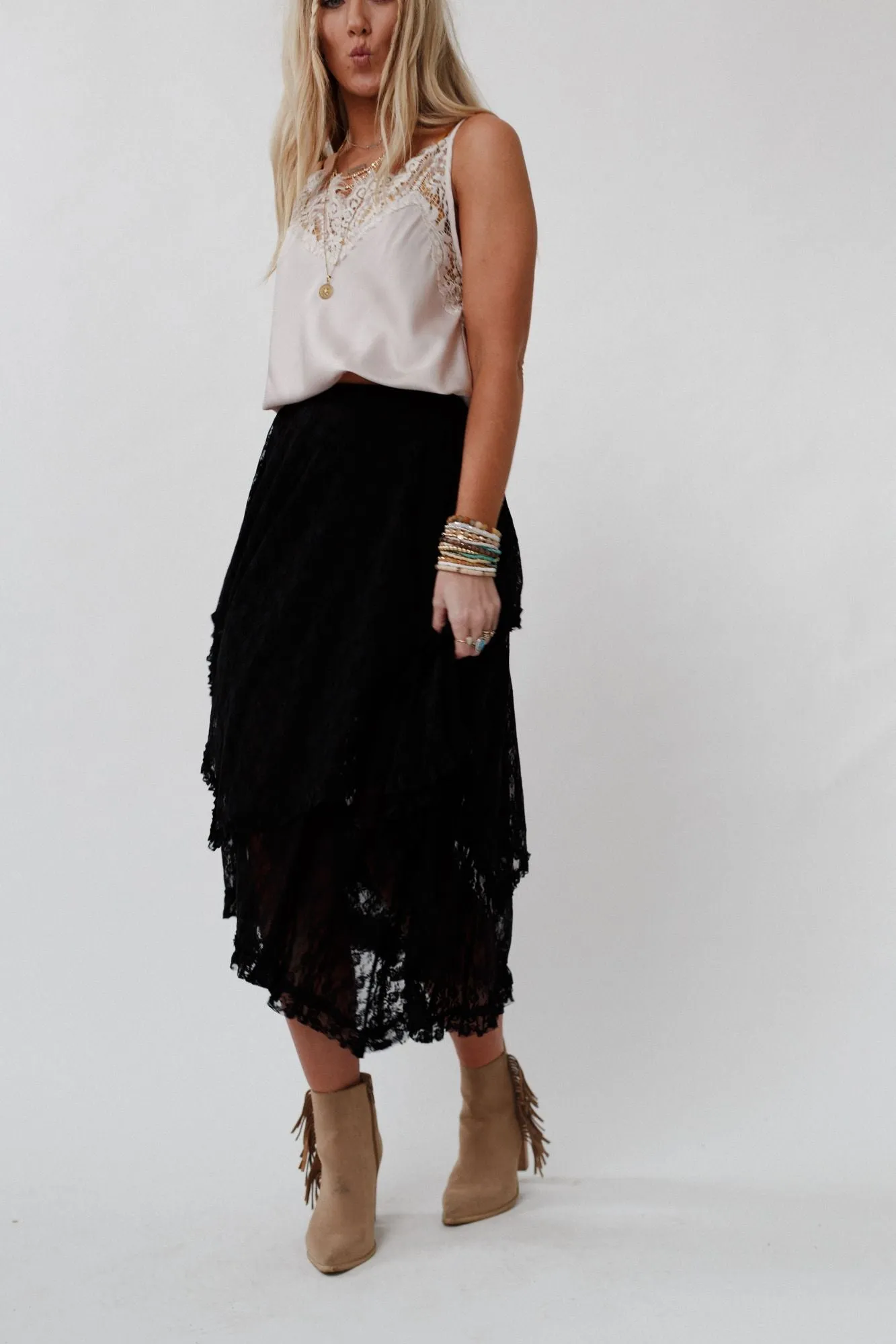 Meadow Daydreams Floral Lace Skirt - Black