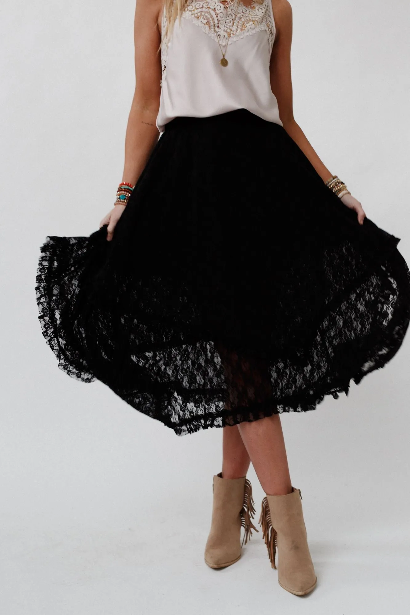 Meadow Daydreams Floral Lace Skirt - Black