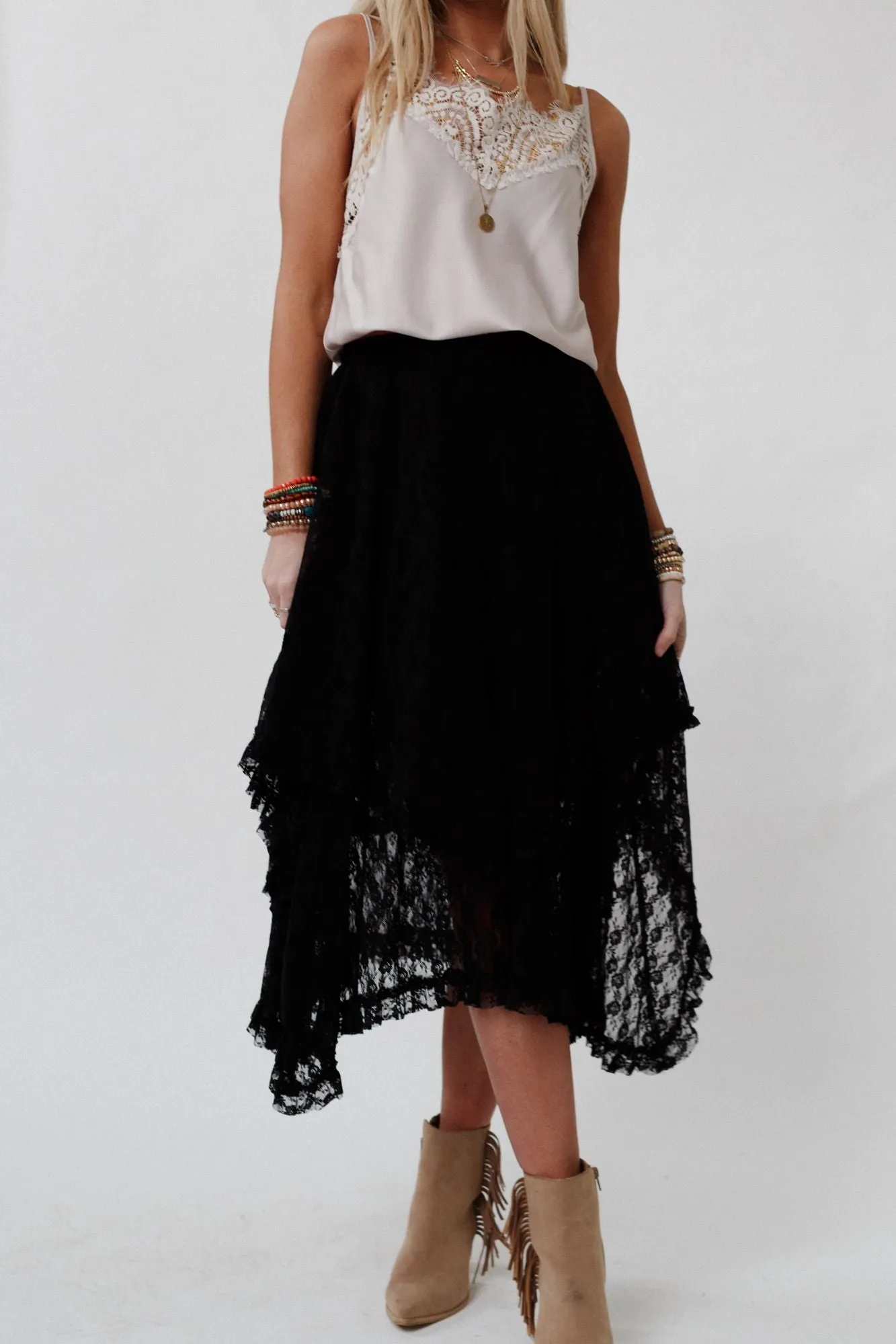 Meadow Daydreams Floral Lace Skirt - Black