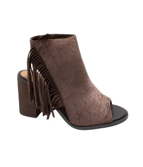 Pony Express Fringe Open Toed Ankle Boot in Brown