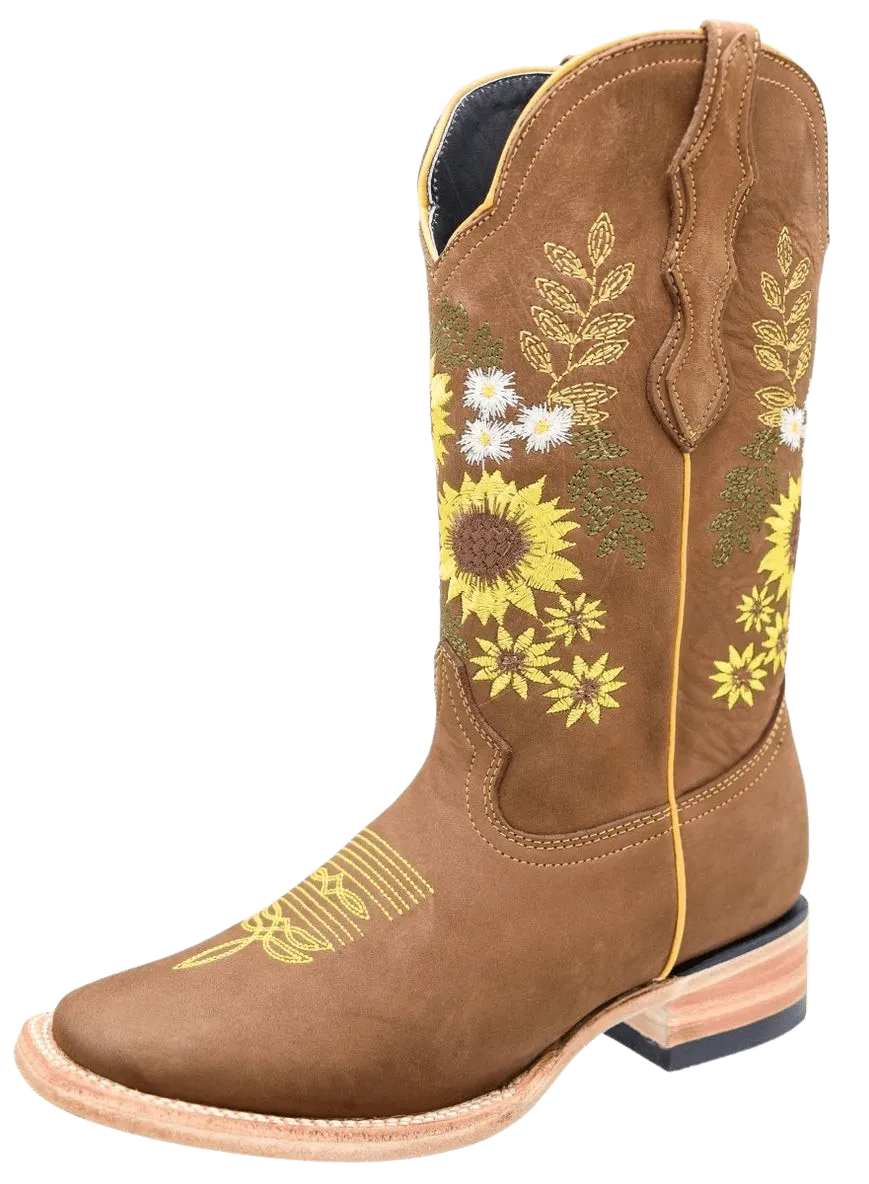 Women's Honey Nobuck with Sunflower Square Toe Rodeo Boot