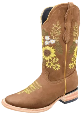 Women's Honey Nobuck with Sunflower Square Toe Rodeo Boot