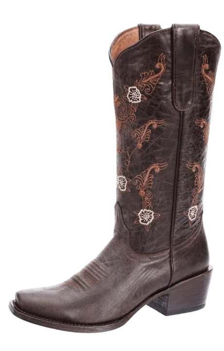 Women's Rugged Dark Brown with Bronze Stems Square Toe Rodeo Boot